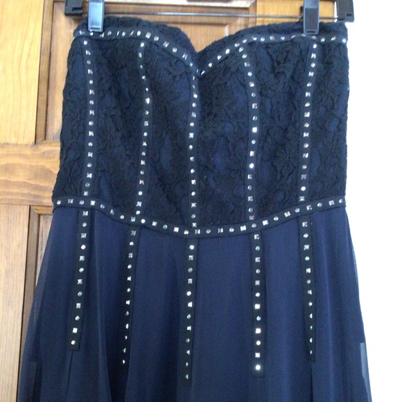 NWT Rebecca Taylor Lace Inset Strapless Gown Navy Blue Silk Maxi Dress - Picture 3 of 10